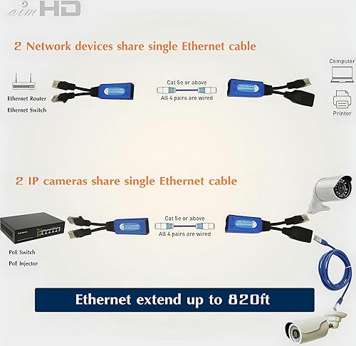 Miniatura 4 de Combinador Ethernet RJ45 de 4 pares, divisor PoE Cat5, adaptador 2 en 1 (2 cámaras sobre 1 cable) para 8 cámaras de seguridad IP NVR sistema de