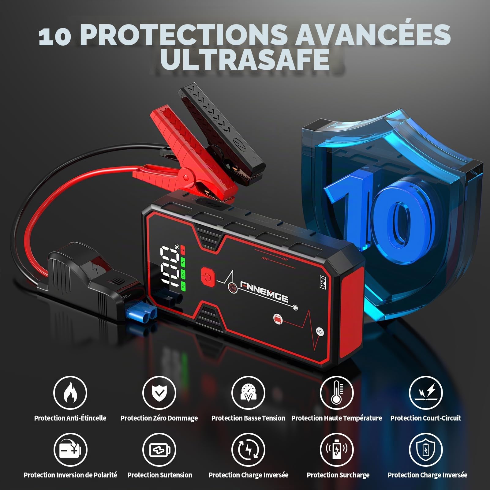 FNNEMGE Booster Batterie 4000A de Courant de Pointe, 12V Démarreur de Voiture(jusqu'à 8,0L Essence et 6,5L Diesel), Jump Starter avec Port de Charge USB, lumière LED, HD Écran Large.