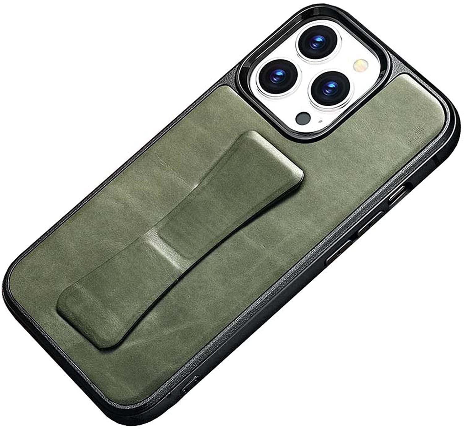 Coque iPhone 13 Pro cuir vert avec support horizontal et vertical intégré