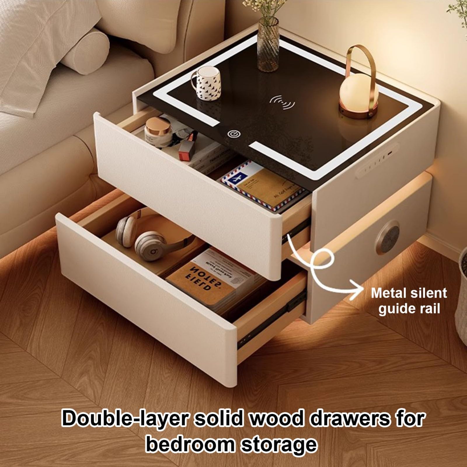 Stolik nocny z bezprzewodowym ładowaniem USB, lampa dotykowa, głośnik Bluetooth, blokada hasła, konstrukcja z litego drewna, konstrukcja zapobiegająca przewróceniu się do sypialni