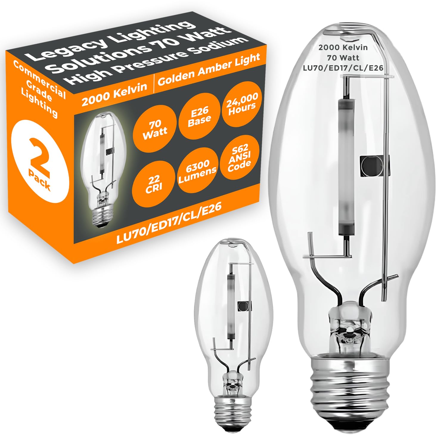 LU70/MED | High Pressure Sodium HID Light Bulb | 70W E26 Base ED17 ANSI Code S62 | High Output HID Light | 4000K Cool White & Clear Finish | 24000 Life Hours | 2 Pack by GoodBulb