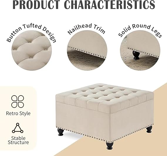 Large Square Ottoman with Storage 30 Inch Coffee Table, Oversized with Wooden Legs & Nail Trims, Tufted Upholstered for Living Room, Entryway, Beige