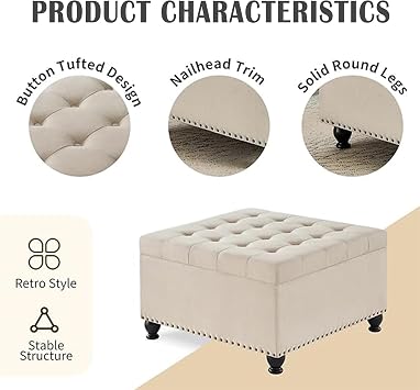 Large Square Ottoman with Storage 30 Inch Coffee Table, Oversized with Wooden Legs & Nail Trims, Tufted Upholstered for Living Room, Entryway, Beige