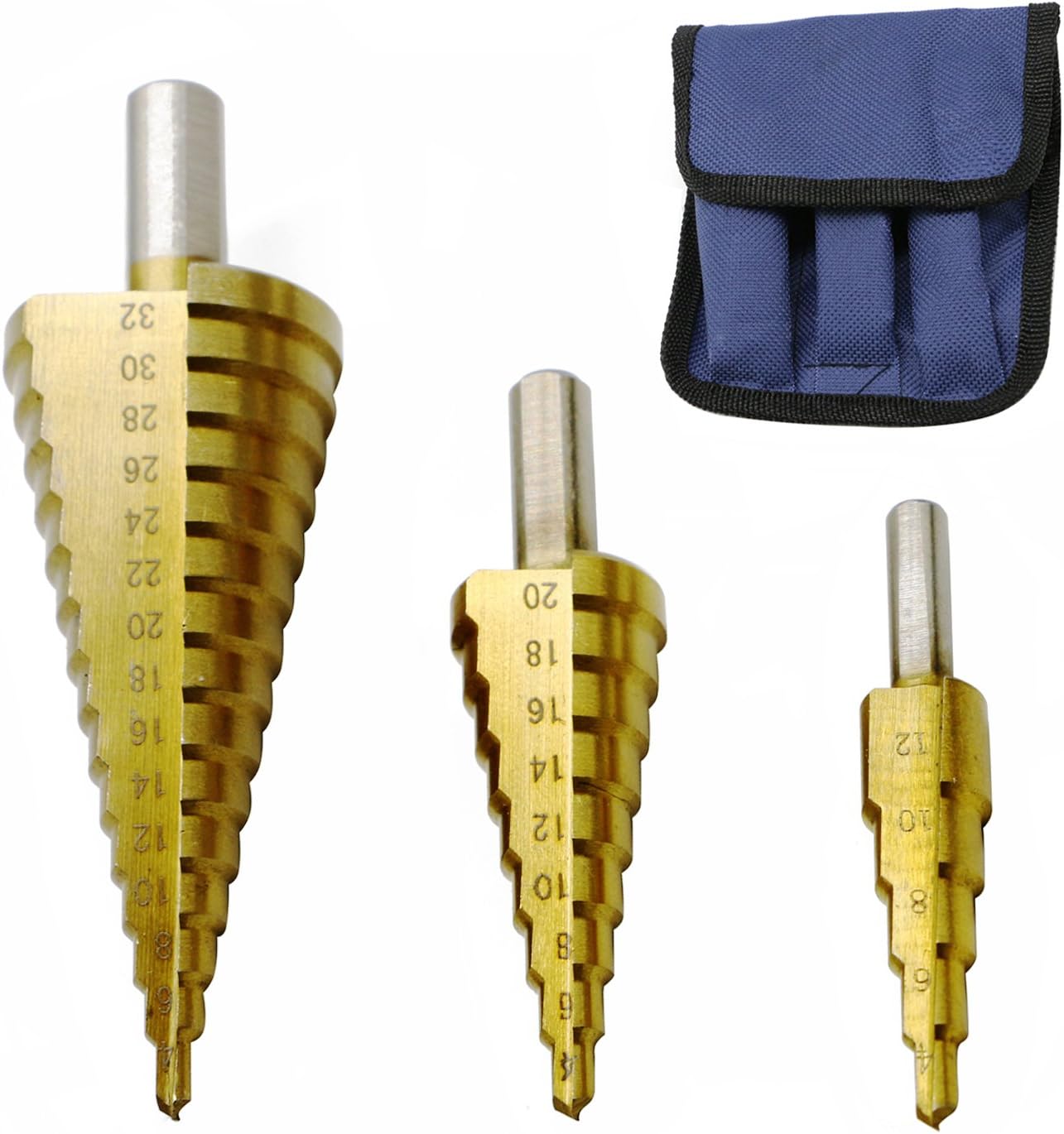 3 PCS HSS Titanium Coated Cone Step Drill Bit Set, Metal High Speed Steel Stepped Unibit Bit Kit for Drilling Sheet Metal, Plastic, Wood Hole Cutter, Metric 4-12/20/32mm