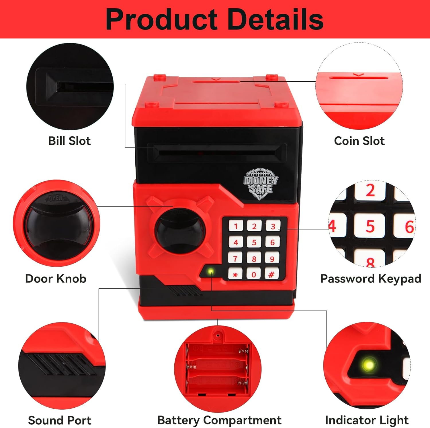 Pup Go ATM Piggy Bank for Kids Ages 3-12, Electronic Kids Safe with Password, Large Capacity Coin & Cash Box, Money Saving Box Toy Birthday Gifts for 3 4 5 6 7 8 9 10 11 12 Year Old Boys Girls (Red)