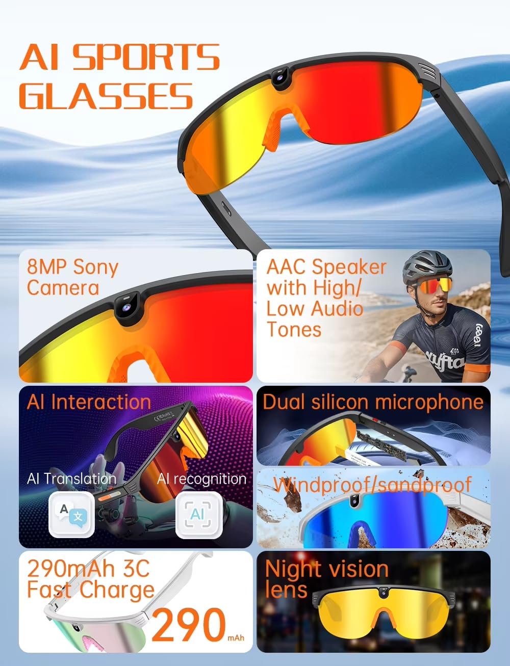 Générique 2026 Lunettes Smartglasses AI Caméra Full HD 290mAh Haute AutonomieProtection UV, Bluetooth, Musique, Traduction