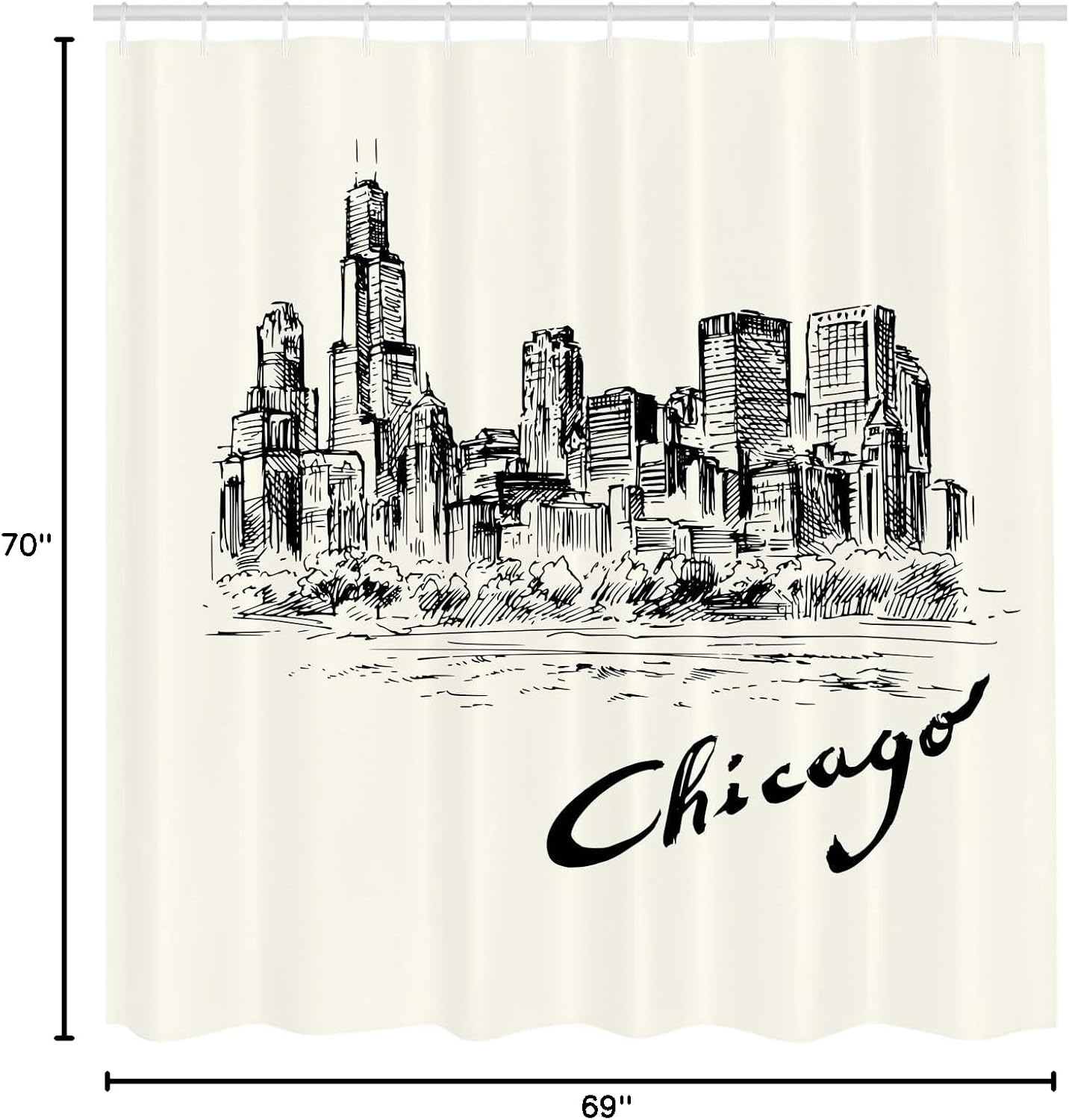 Ambesonne Chicago Skyline Shower Curtain, Vintage Art of American City in Hand Drawn Style Sketchy Effects, Cloth Fabric Bathroom Decor Set with Hooks, 69" W x 70" L, Black and Cream