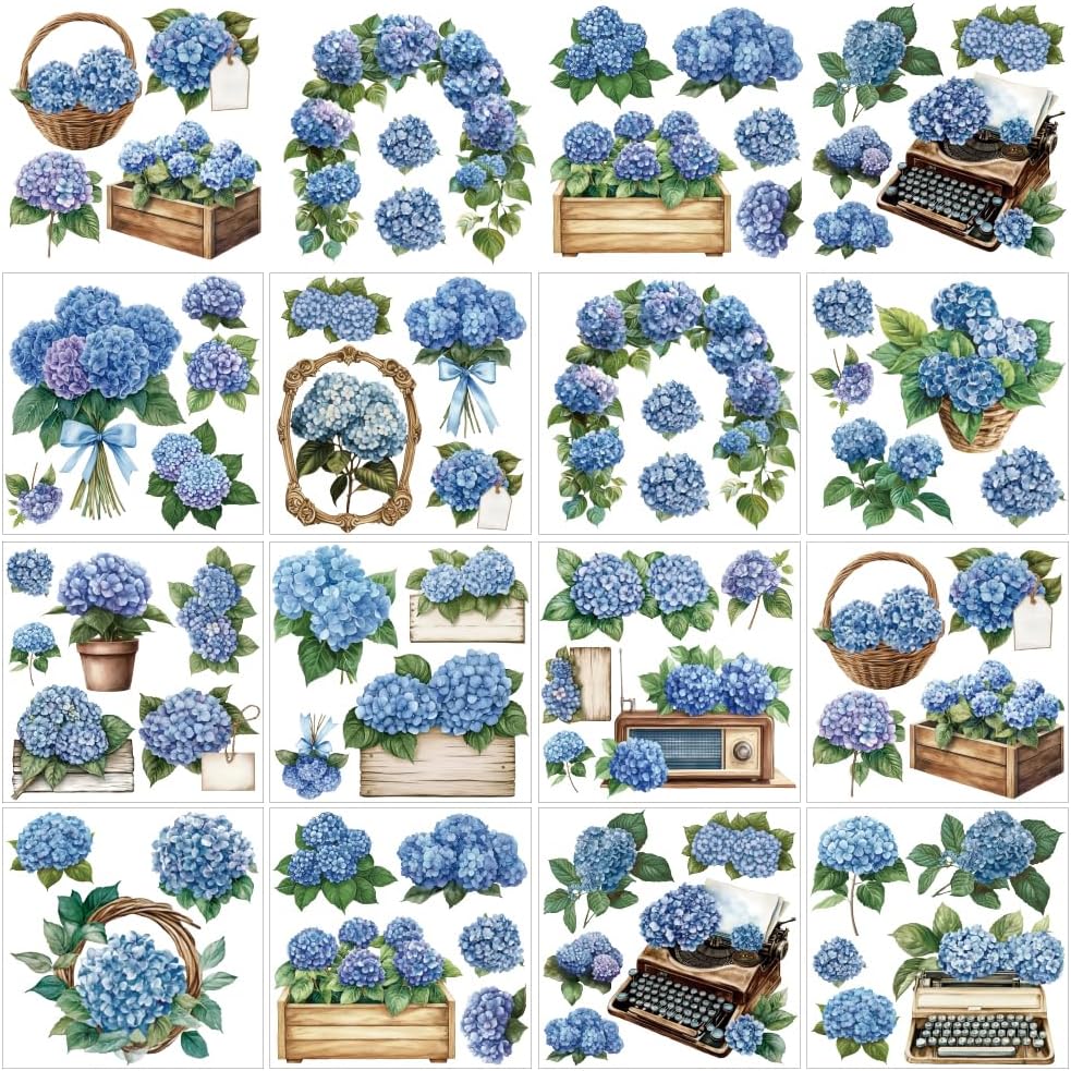 arricraft 12 Sheets Blue Hydrangea Rub on Transfers for Crafts, Blue Hydrangea Bouquet Rub on Transfer Stickers PVC Rub on Decal for DIY Home Furniture Window Wood, 14x14cm