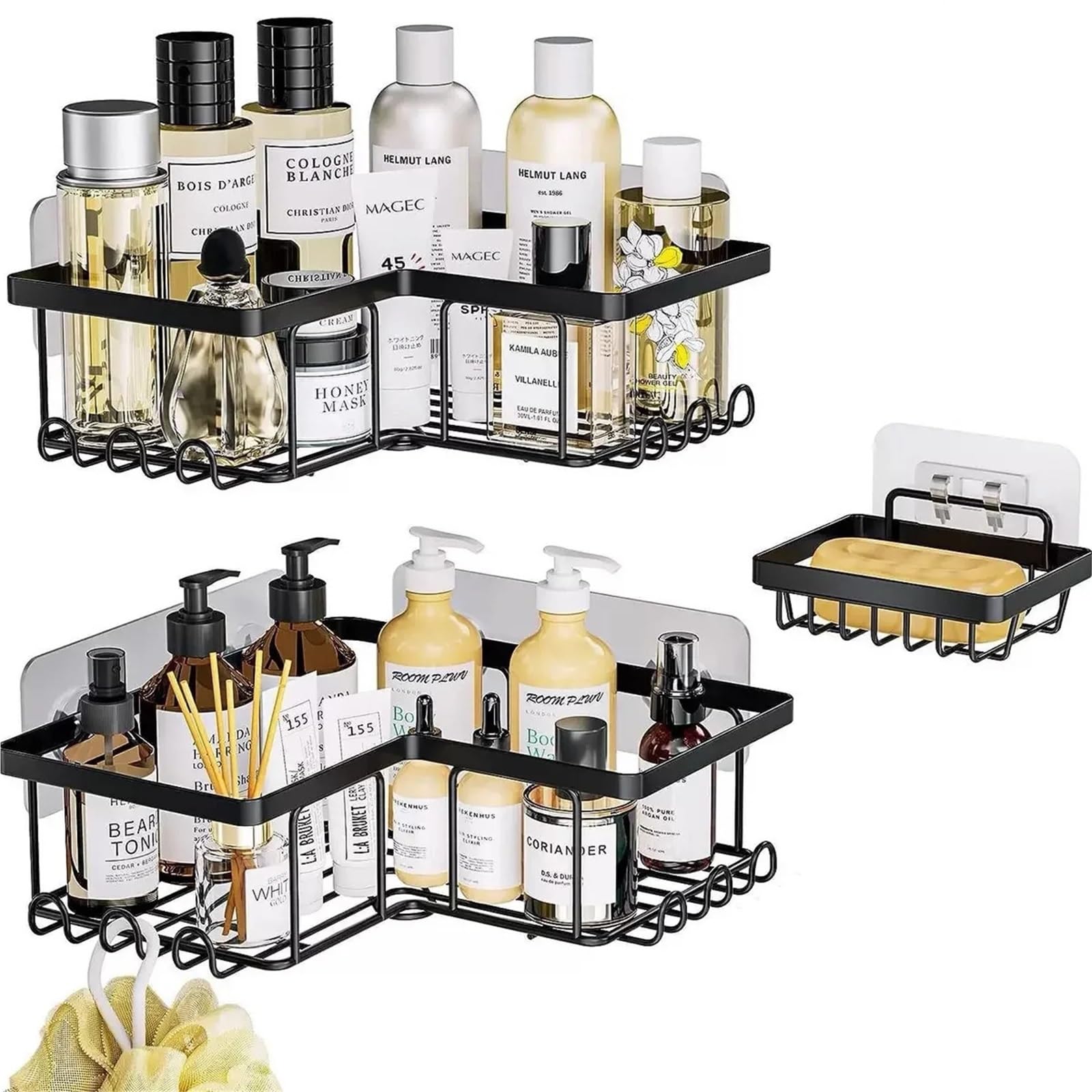 MKRIAK 3 Pack Adhesive Corner Shower Caddy with 12 Hooks Rustproof Stainless Steel Bathroom Organizer No Drilling Wall
