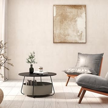 Manora Round Coffee Table with Cloth Storage Basket, 31.5 Inch, Black Frame