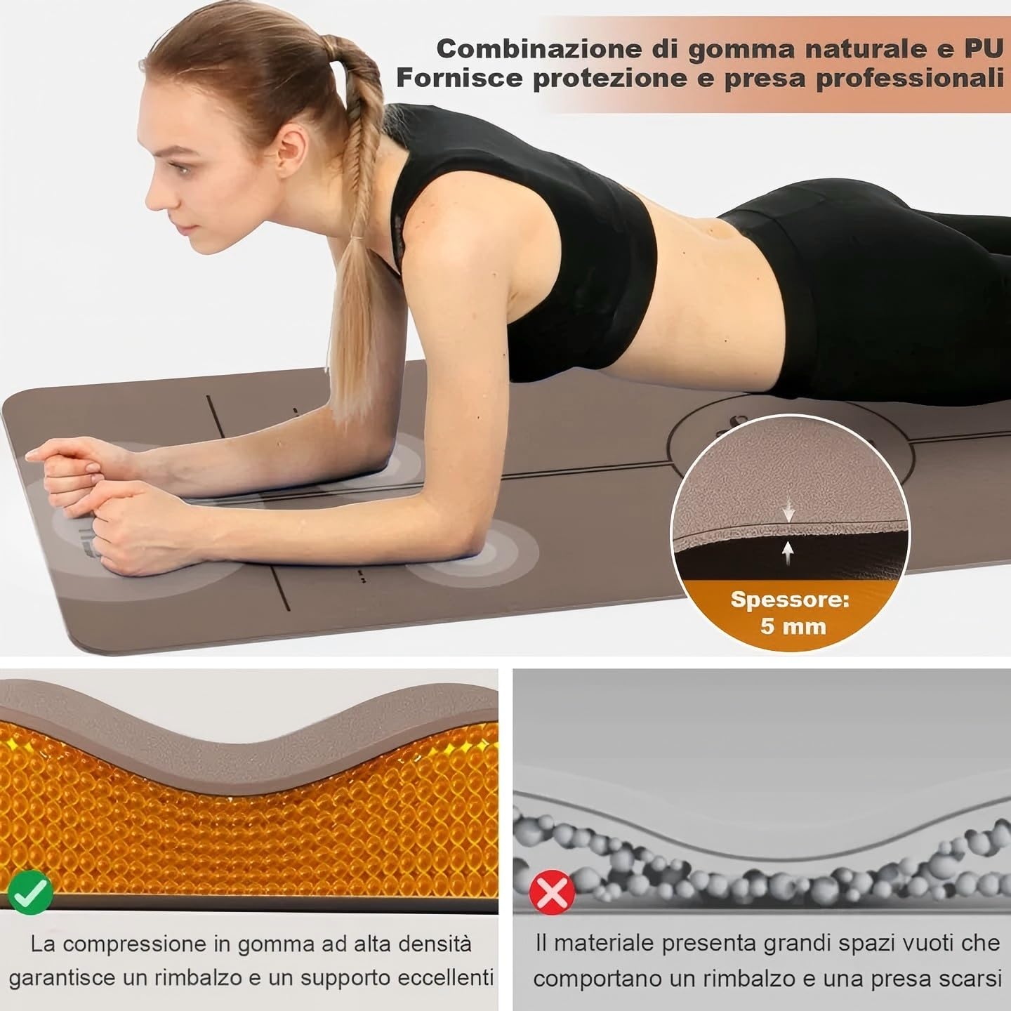 Ellylife Tappetino da Yoga Mat Antiscivolo e Assorbente in Eco PU e Gomma Naturale, 5 mm, con tracolla, per Fitness, Pilates e Workout in Home Gym, 183×61 cm e 190×68 cm