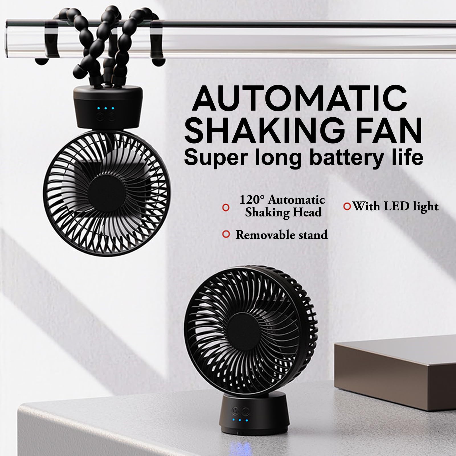 10000 mAh Ventilatore Passeggino, Oscillazione Automatica | Ventilatore Portatile Passeggino con Luce Notturna,3 Velocità,Treppiede Flessibile,Ventilatore Silenzioso,Nero