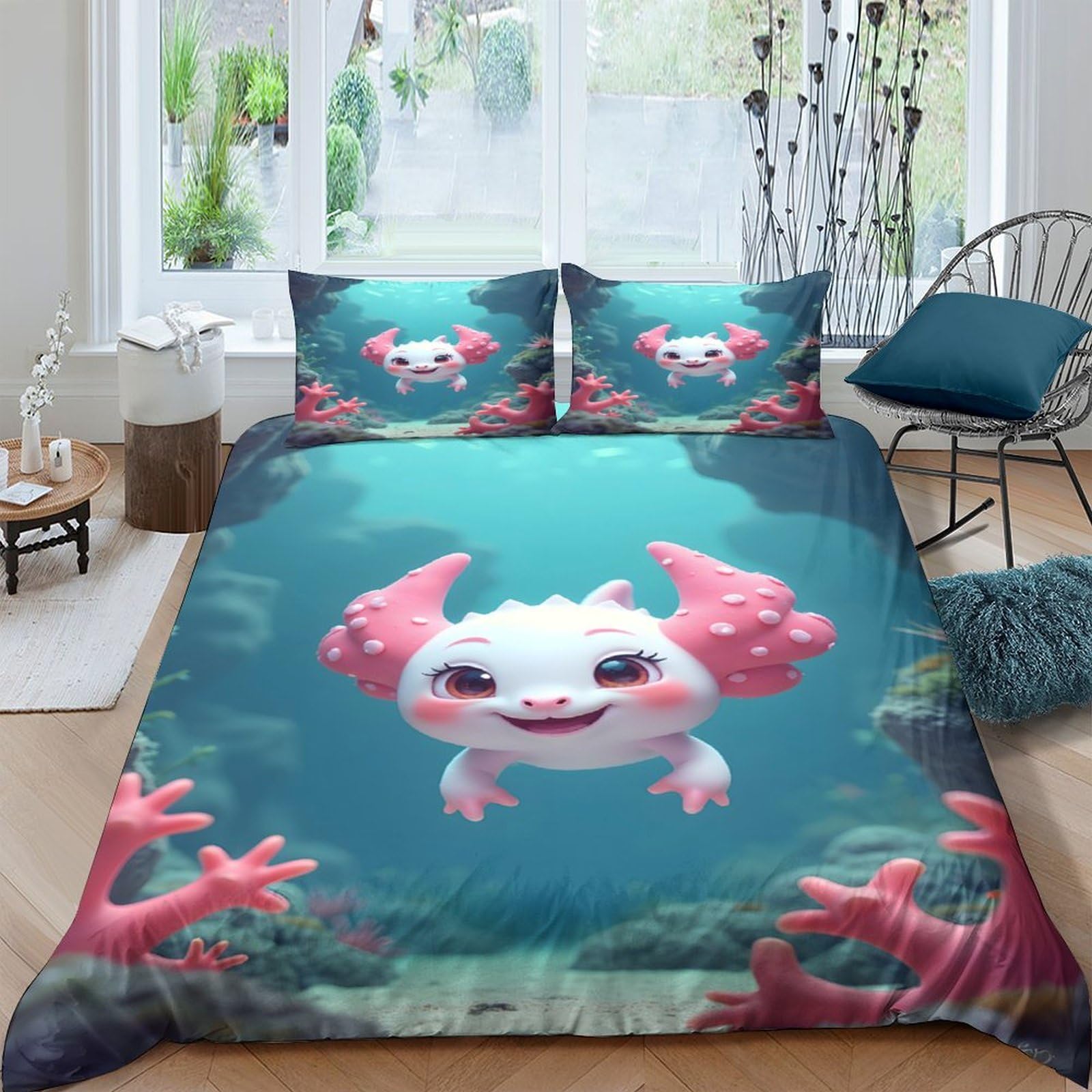 Ctjqhvkz Style-1 3D Printed Cute Axolotl Fitted Sheet Microfiber Soft Non-Slip Cartoon Underwater Bed Cover For Bedroom Dorm Mattress Decor Single（135X200cm）