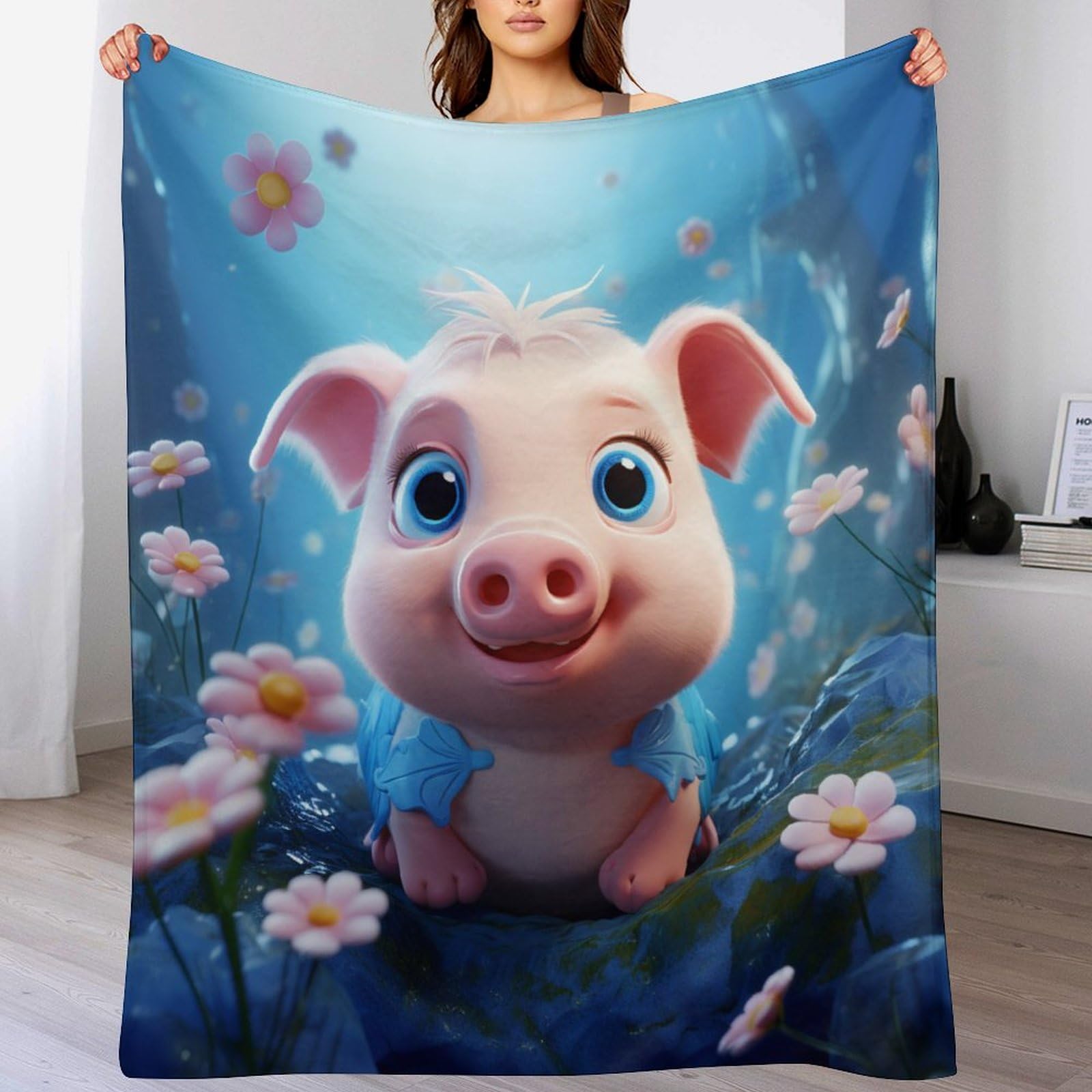 Couverture 3D cochon mignon plaid épais chaud et moelleux en flannel lavable