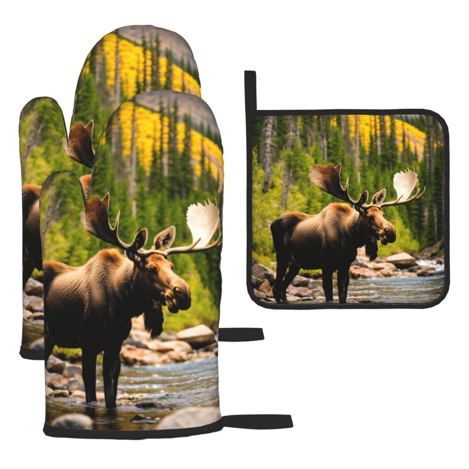 Deer Bear Moose Print Oven Kitchen Gloves For Baking Outdoor Grilling Home Use Mitts Microwaving Bbq