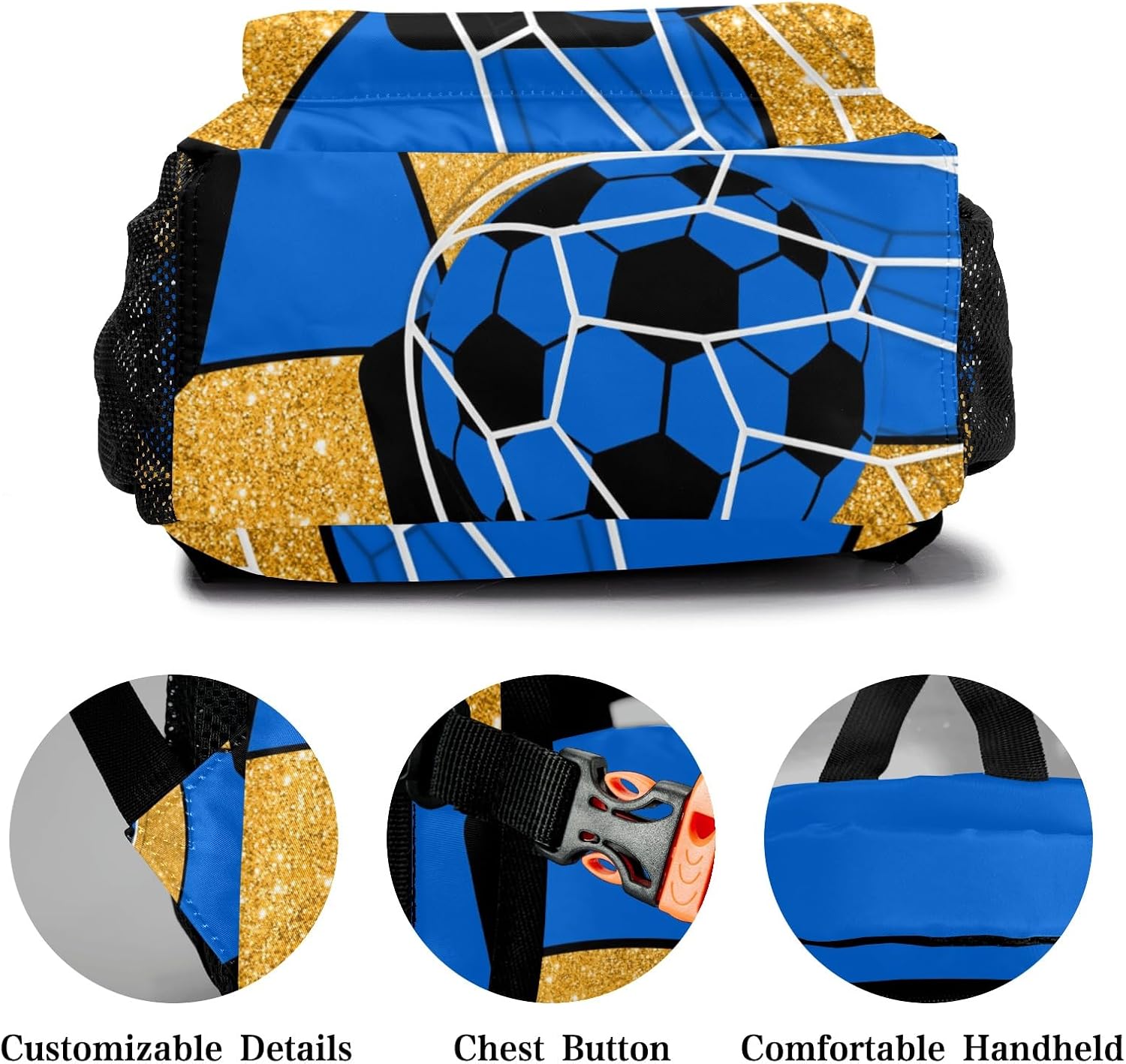Custom Soccer Blue Gold Print Waterproof School Backpack Bookbag with Name for Birthday Holiday Gift - Image 4