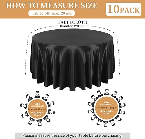 Miniatura 3 de Paquete de 10 manteles de satén de 120 pulgadas, color negro, redondo, sedoso, de tela lavable, de seda brillante, para decoración de bodas,