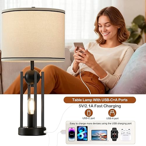 Miniatura 3 de Juego de 2 lámparas de mesa de granja de 25 pulgadas para sala de estar, con puertos USB C+A, lámpara de noche rústica vintage para dormitorio,