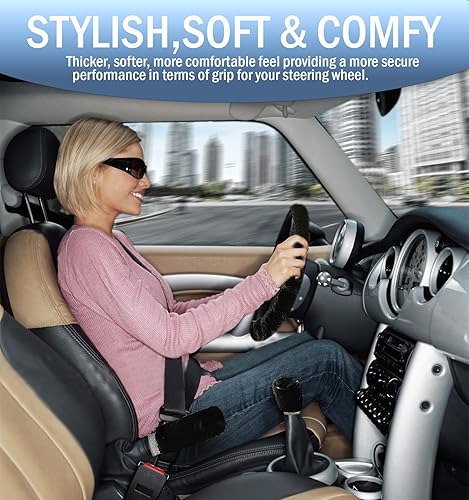 Miniatura 5 de Forro decorativo Zone Tech antiderrapante de felpa para volante, freno de mano y palanca de cambios - Cómoda cubierta térmica para el volante del