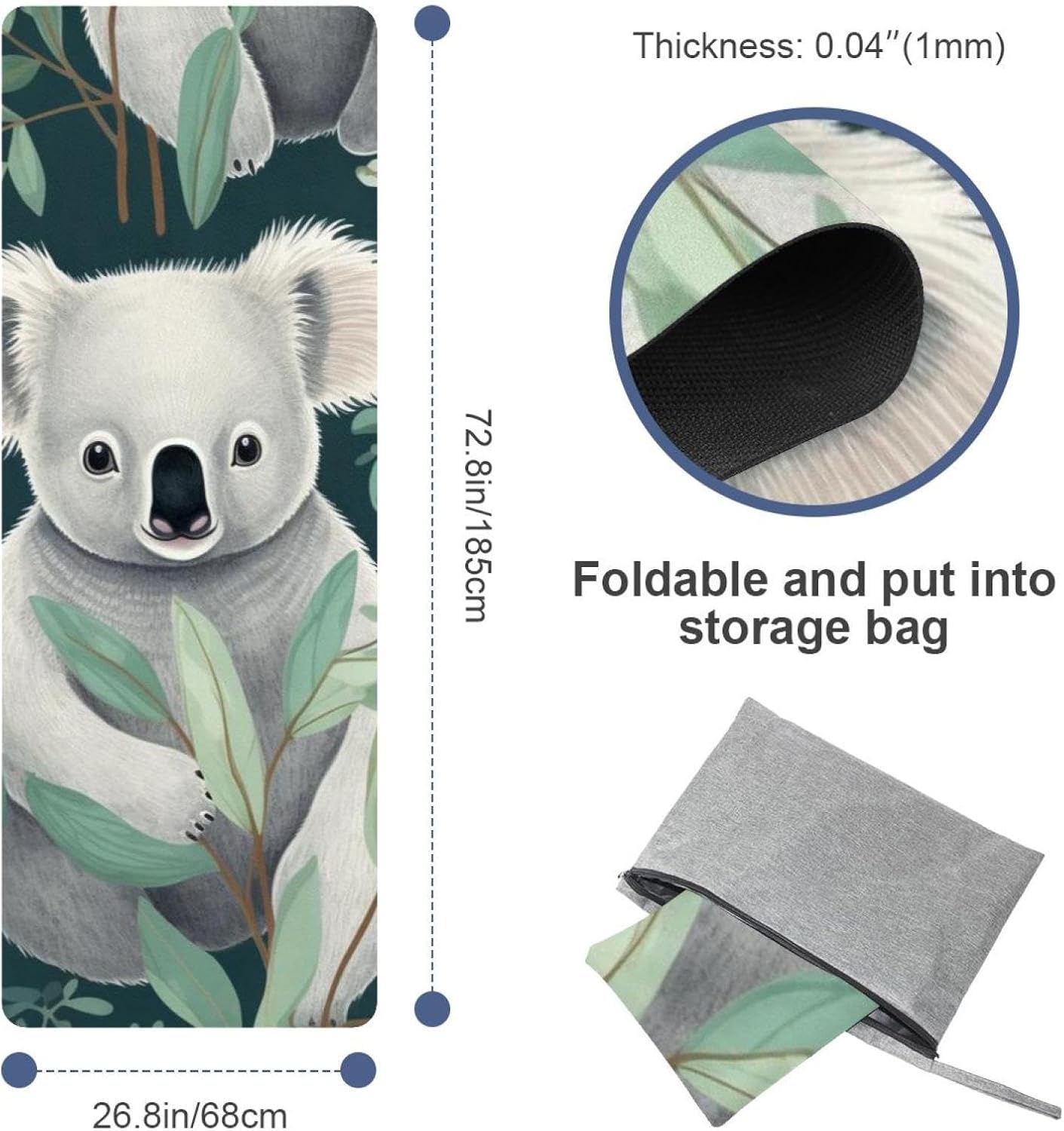 Yoga Towel, Koala Flowers Pattern Non Slip Sweat Absorbent Hot Yoga Mat Towel for Hot Yoga, Pilates and Fitness - 72.8" x 26.8"