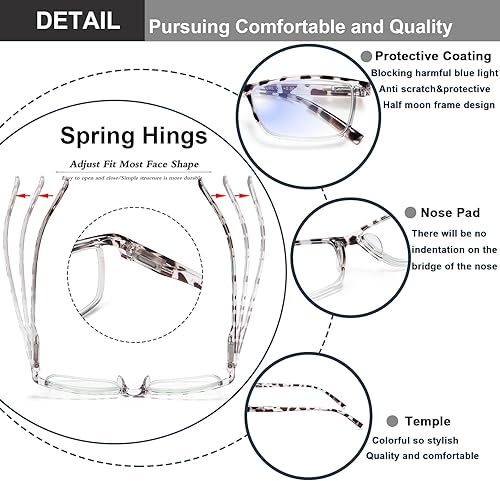 Miniatura 10 de EYEURL Paquete de 4 lentes de lectura de medio marco para hombres y mujeres, con bloqueo de luz azul, lectores de computadora para mujeres, ligeros,