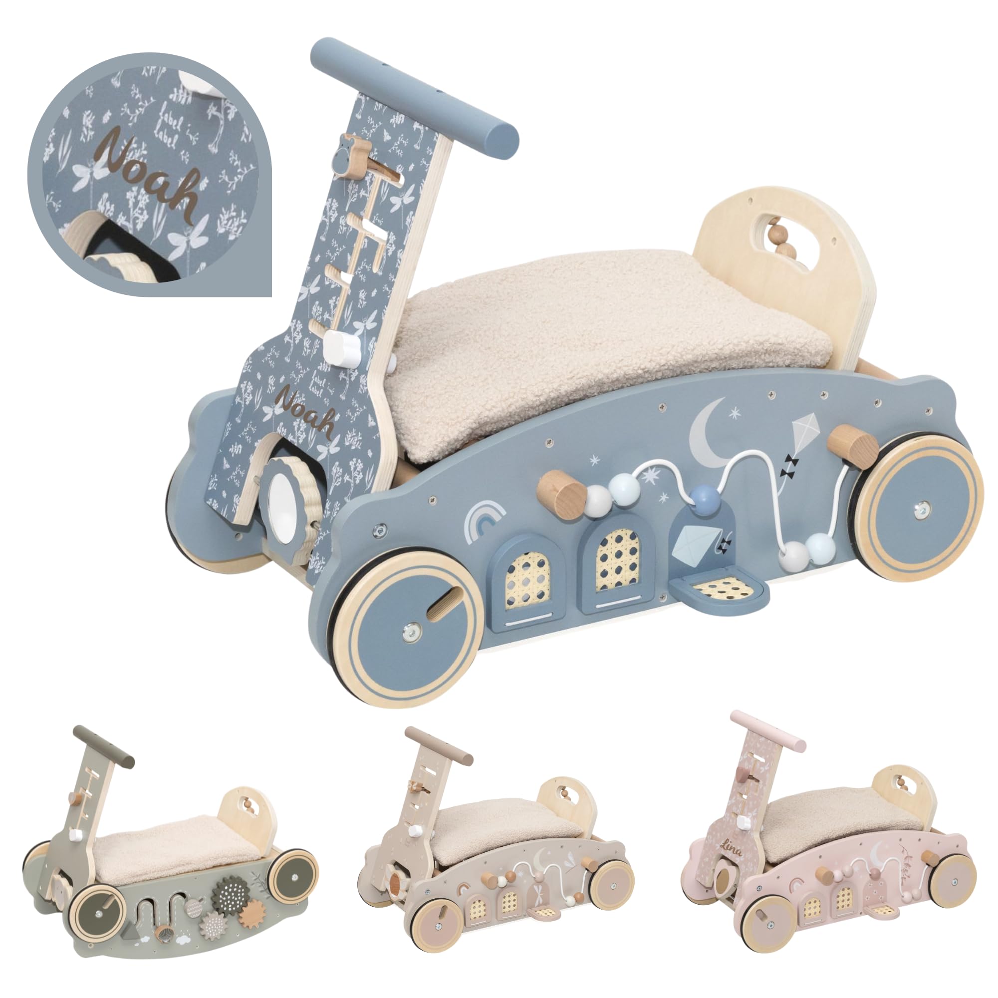 3in1 Lauflernwagen aus Holz personalisiert Olive – Lauflernhilfe, Rutscheauto & Wippe in einem – Montessori Motorikspiel – Stabiler Baby Schiebewagen für erste Schritte – Geschenk zum 1. Geburtstag