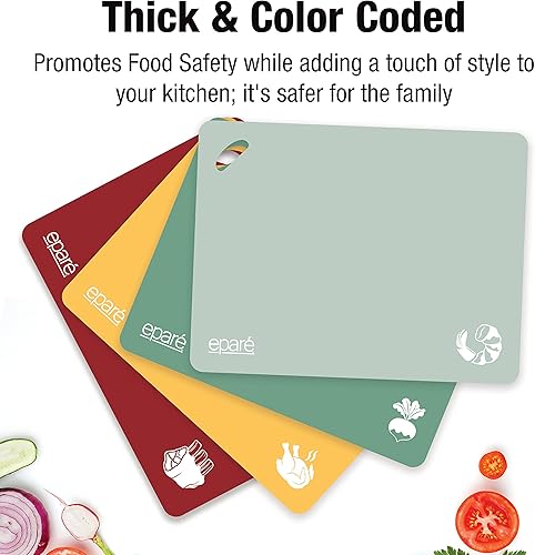 Miniatura 6 de Eparé Tablas de cortar plegables y flexibles extra gruesas para cocina, juego de 4 alfombrillas grandes para cortar y cortar colgantes y sin BPA