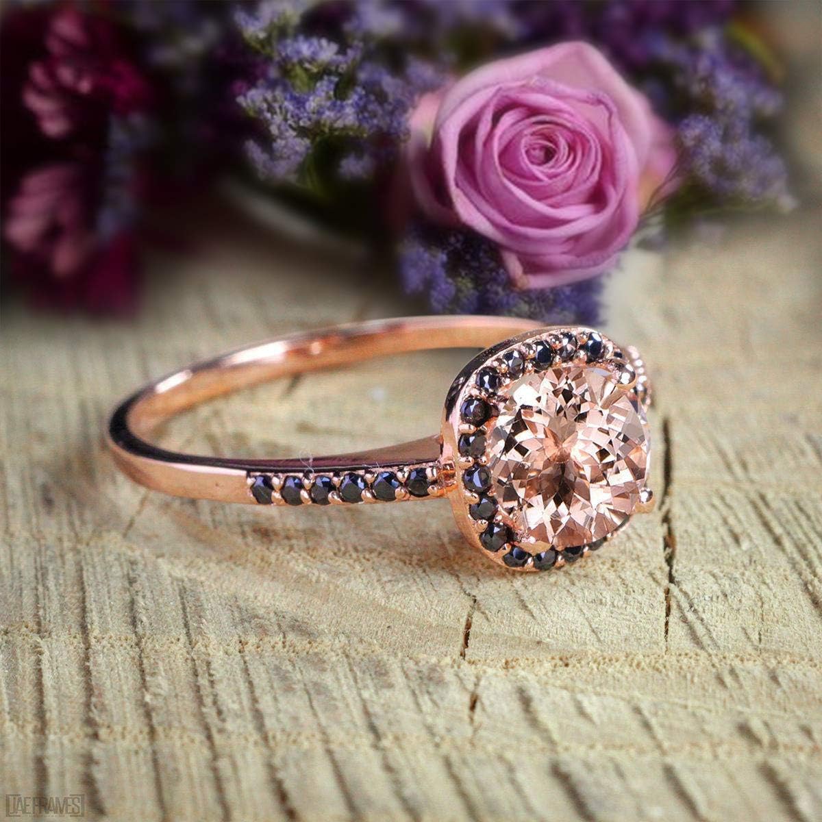 1.50 Carat Peach Pink Round Morganite and Black Diamond Engagement Ring in 10k Rose Gold for Women