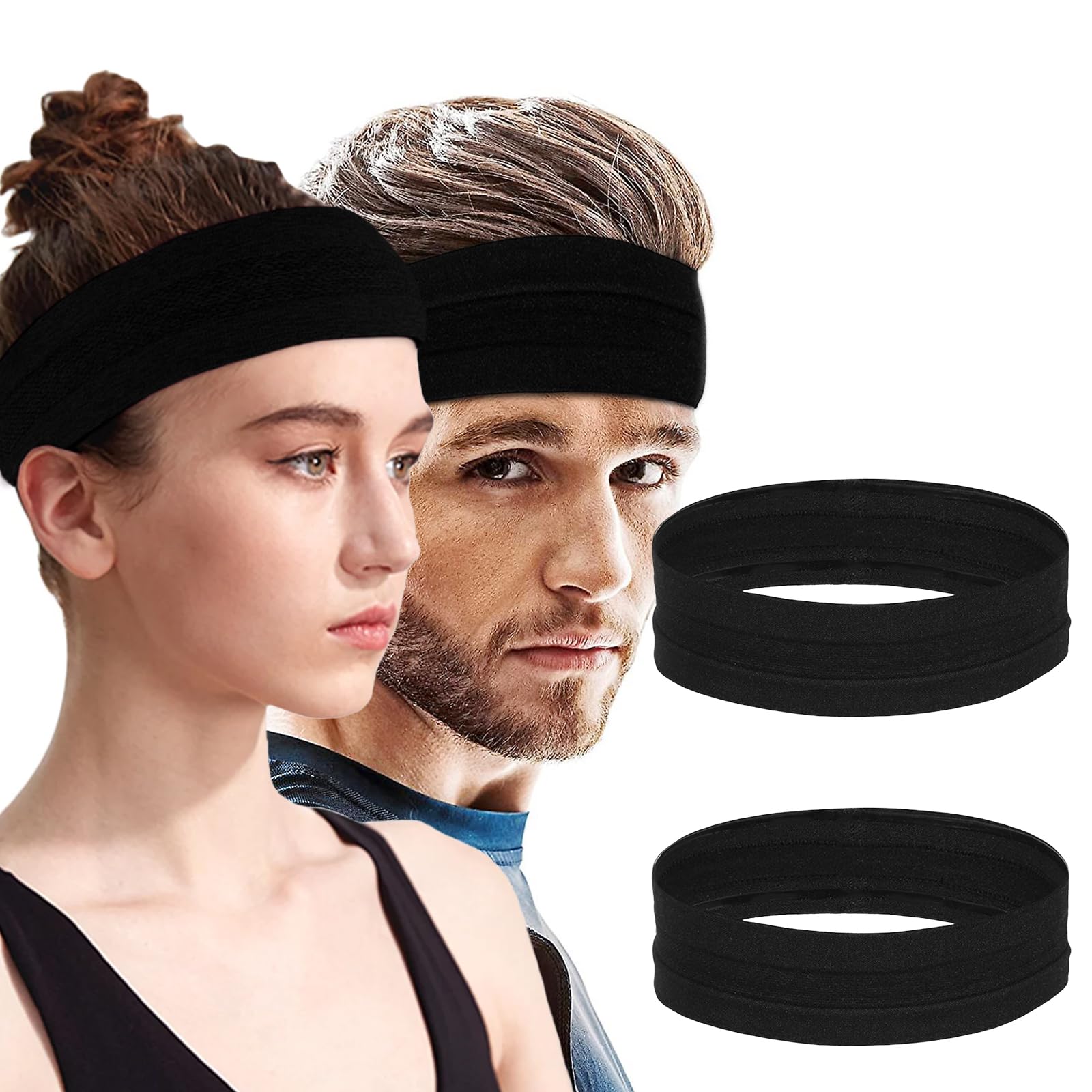 2 Pack Black Headband for Men and Women - Non-Slip Sports Headband with Sweat-Wicking Fabric, Sweat Band, Adjustable Elastic Band for Gym, Running, Yoga - Fit All Head Sizes, Keep your Head Dry & Cool