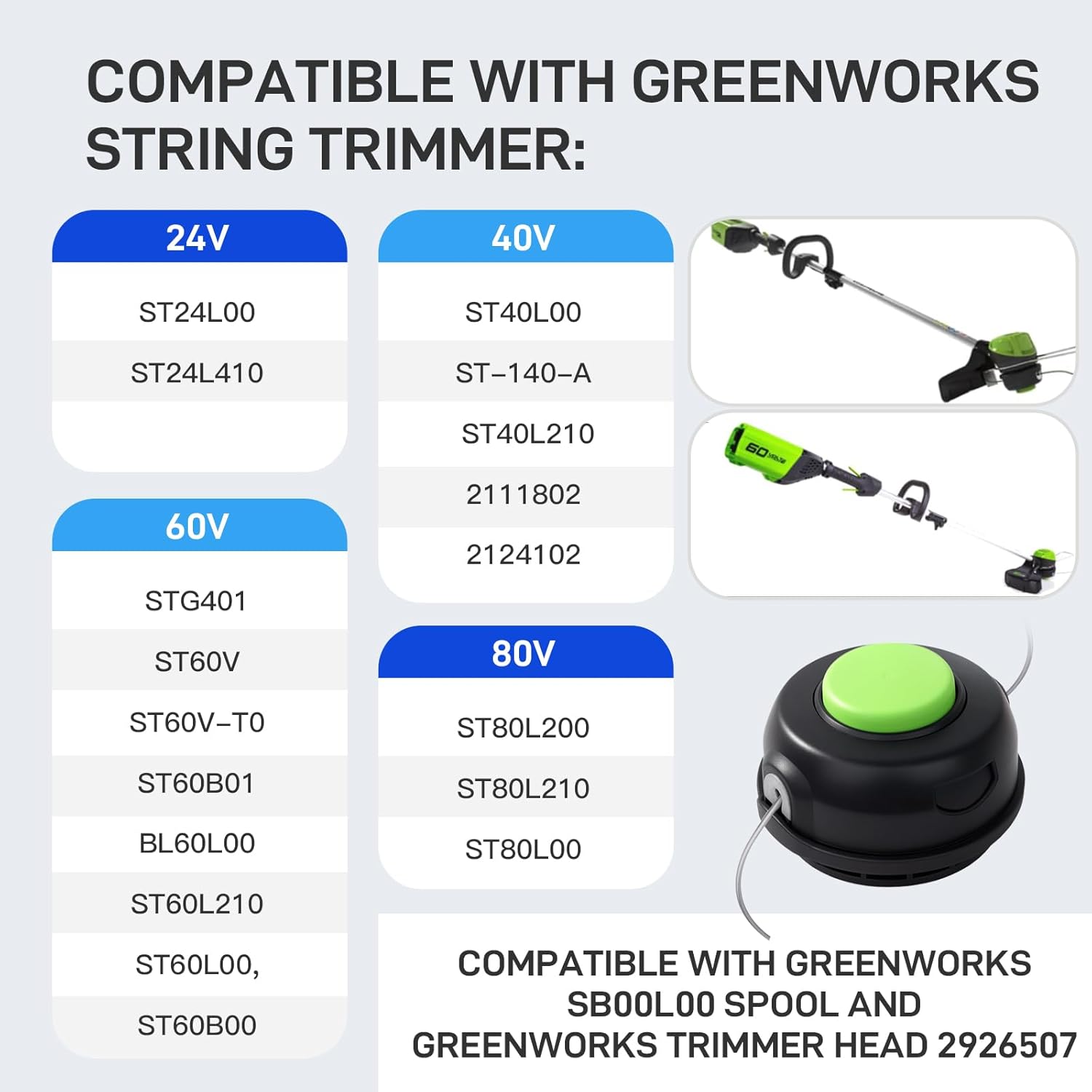 SB00L00 Replacement Trimmer Head STG401 Compatible with Greenworks 60V ST60V ST60B00 80V ST80L200 ST80L200,ST80L210,ST80L00,STBA80L210 and 24,40V ST40L00 String Trimmer (Cap + Spring + Bump Knob)