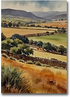 Poster Print Modern Watercolour Print of a Colourful Bush Desert Scene Captivating Home Wall Art and Office Decor featuring Gum Trees and Mountains Poster Prints, Print