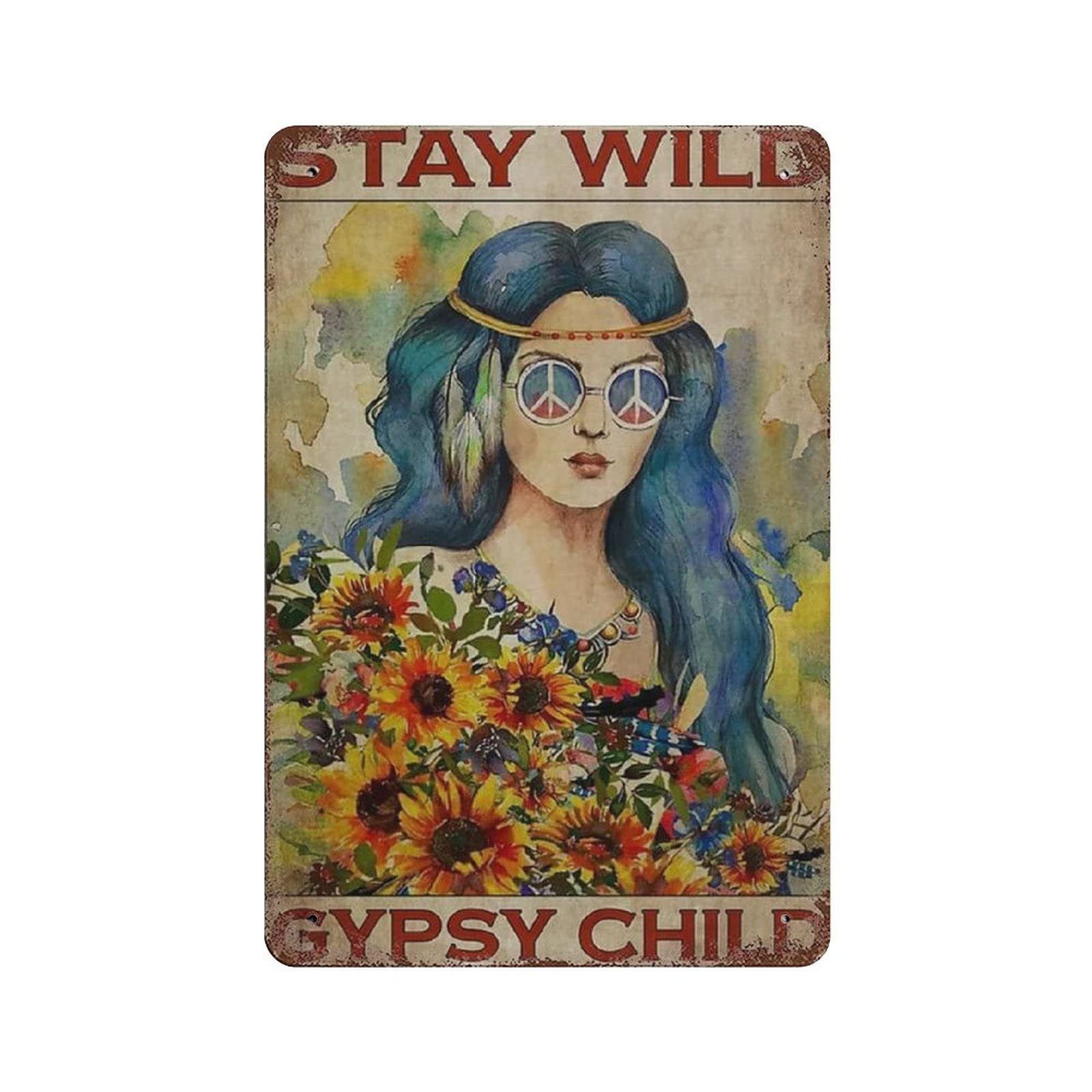 Metal Tin Sign Gypsy Child Girl Flowers Vintage Tin Poster Metal Sign Wall Decoration Country Kitchen Home Garage Decor 12"x8"