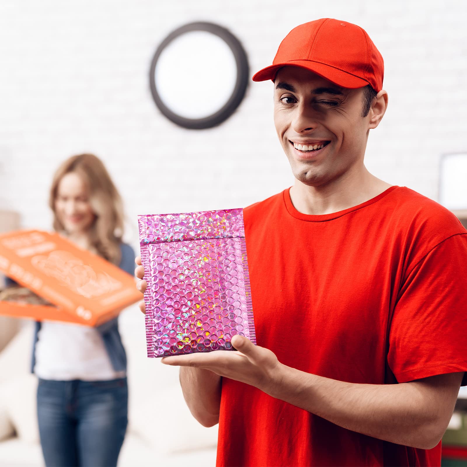 Outus 50 buste metalliche imbottite a bolle d'aria per spedizioni postali in poliestere con glitter imbottite con chiusura adesiva, per imballaggio postale (rosso rosa glitterato)