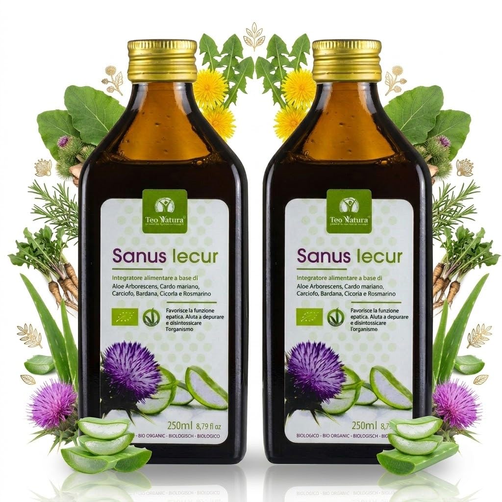 TeoNatura Sanus Iecur – Zumo Biológico Aloe Arborescens & Cardo Mariano | Depurativo, Digestivo, Bienestar Hepático | 6 Hierbas Bio, Vegano, Sin Gluten – 2x250ml Made in Sicily