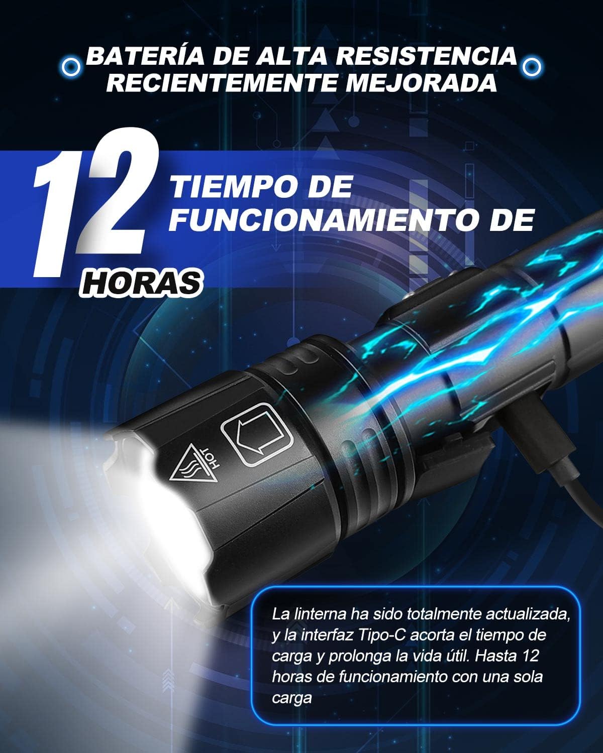 Maxesla Linterna LED Recargable XHP70.2 de Alta Potencia con Zoom Ajustable, 5 Modos de Iluminación, Portátil, para Camping y Senderismo