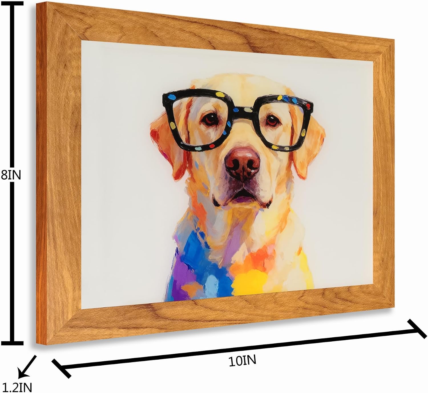Acinterior Colorful Lab Dog with Glasses Wall Art - 10x8 Inch Printed Glass Decor with Natural Wood Frame - Modern Pet Portrait for Living Room, Bedroom, Office