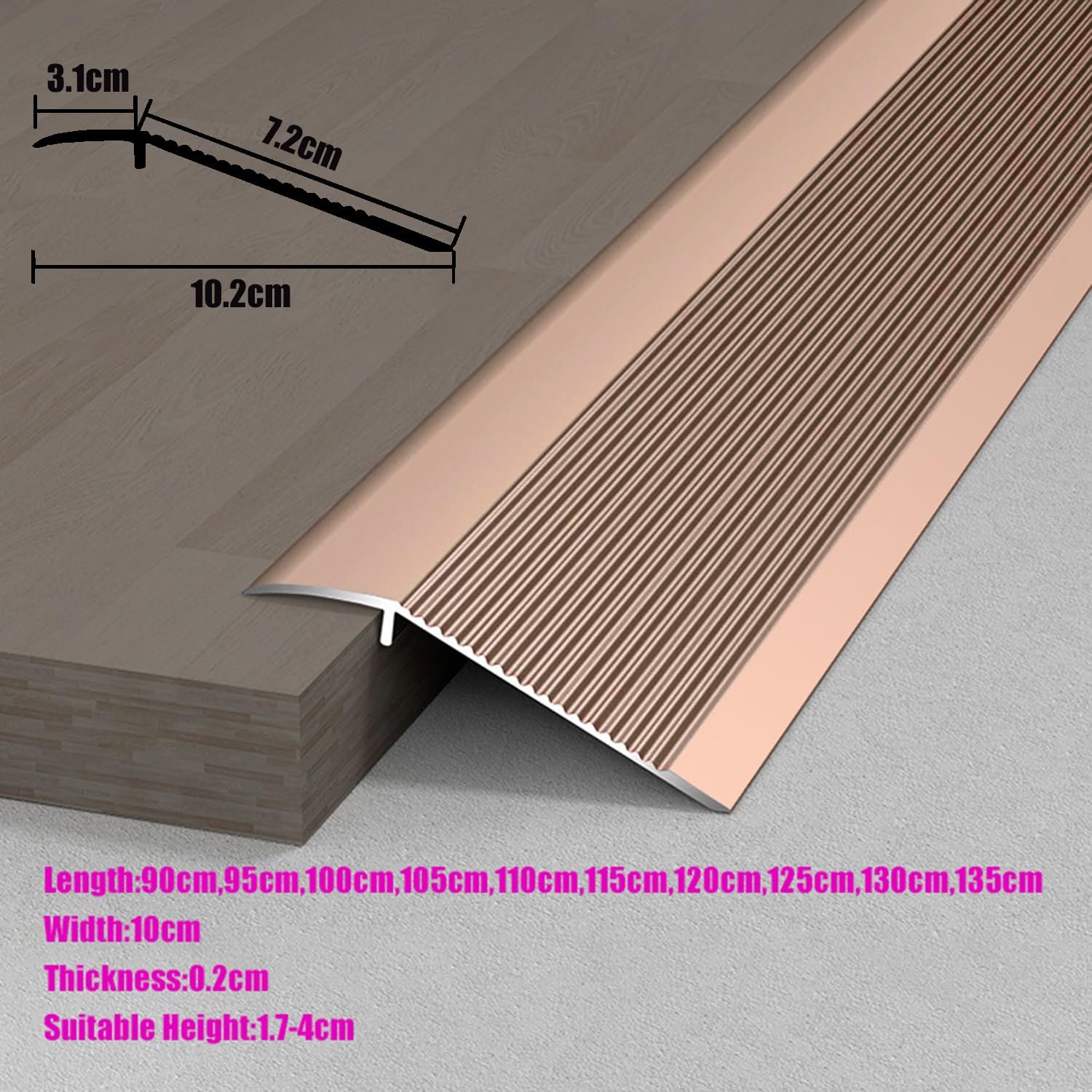 2 pièces de profilé de Transition de Sol, Protection de Bord biseauté en Aluminium pour Moquette et sols, idéal pour Les seuils de Moquette.,Rose Gold,10.2×125 cm