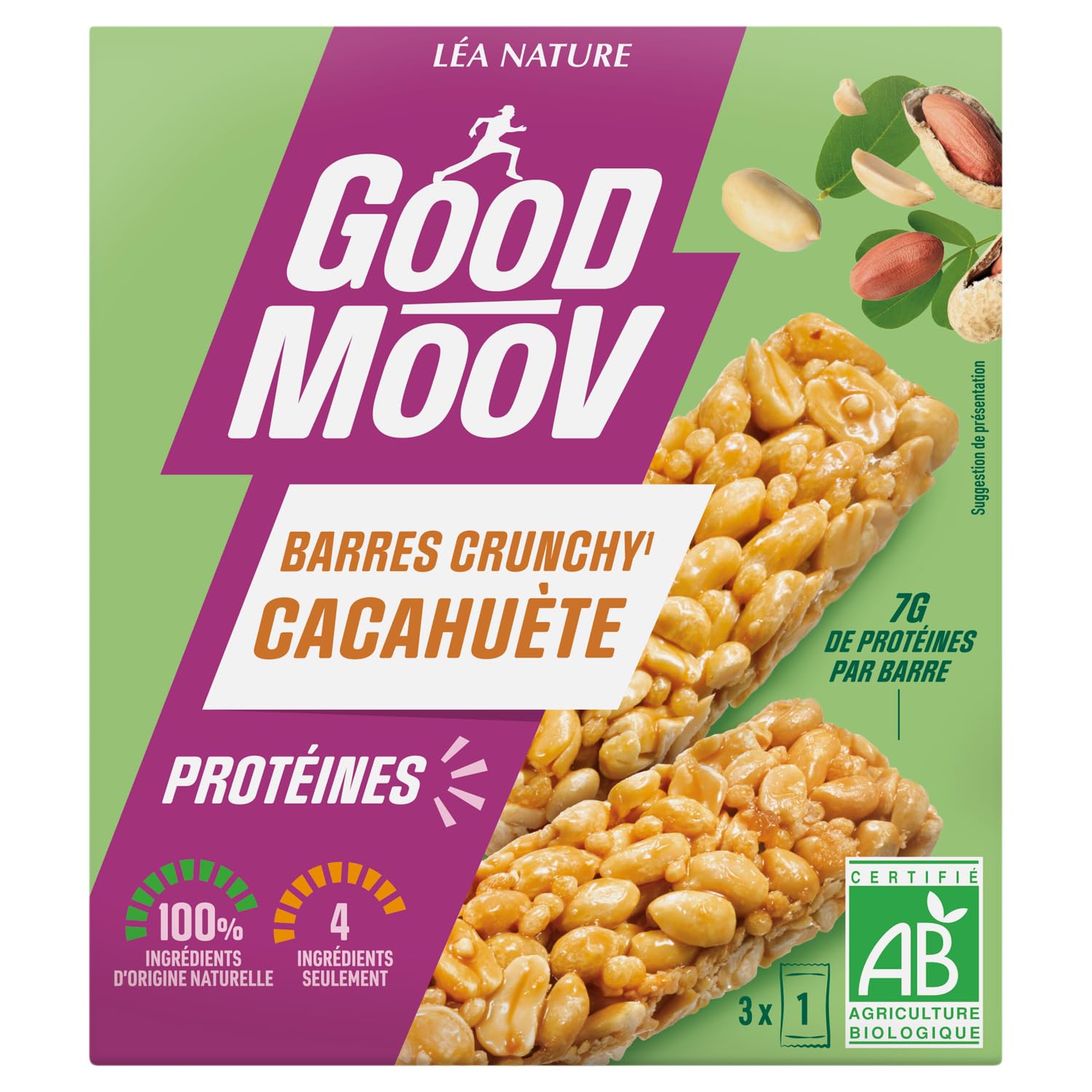 Pour un apport pratique en protéines au quotidien — GOOD MOOV Barre Crunchy Cacahuète Bio, 7g de protéines par barre, 4 ingrédients naturels, lot de 3 barres, 105g - Lot de 3
