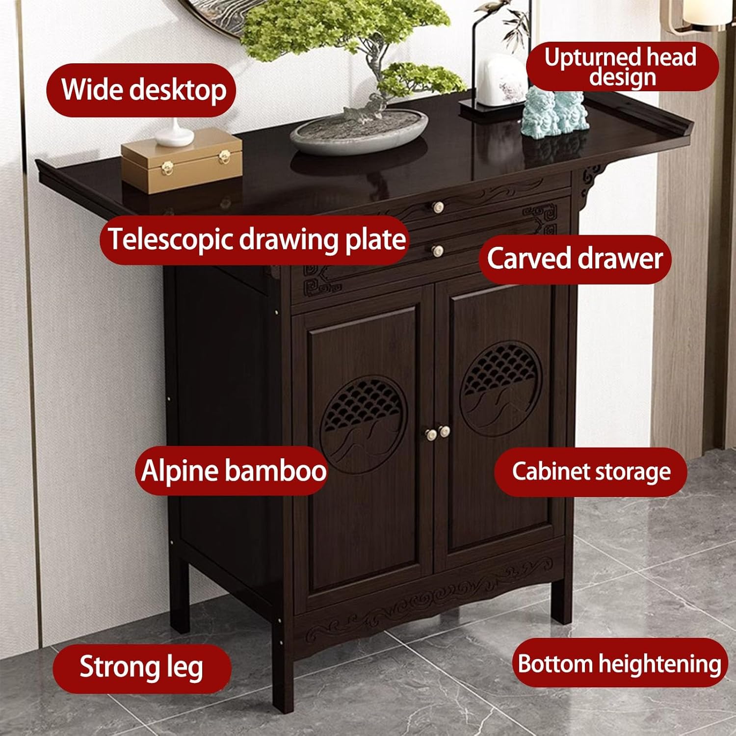 Bamboo Personal Altar Table with Storage, Meditation Table with Drawer,Chinese Cabinet Pedestal for Small Spaces,puja Tables of Altar Cabinet(66cm/26in)