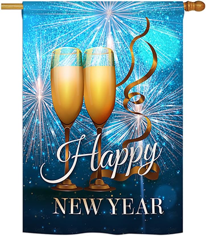 New Year Fireworks House Flag Dowel Set Clock Countdown Champagne Party Celebrate Small Decorative Gift Yard Banner Made In USA 28 X 40