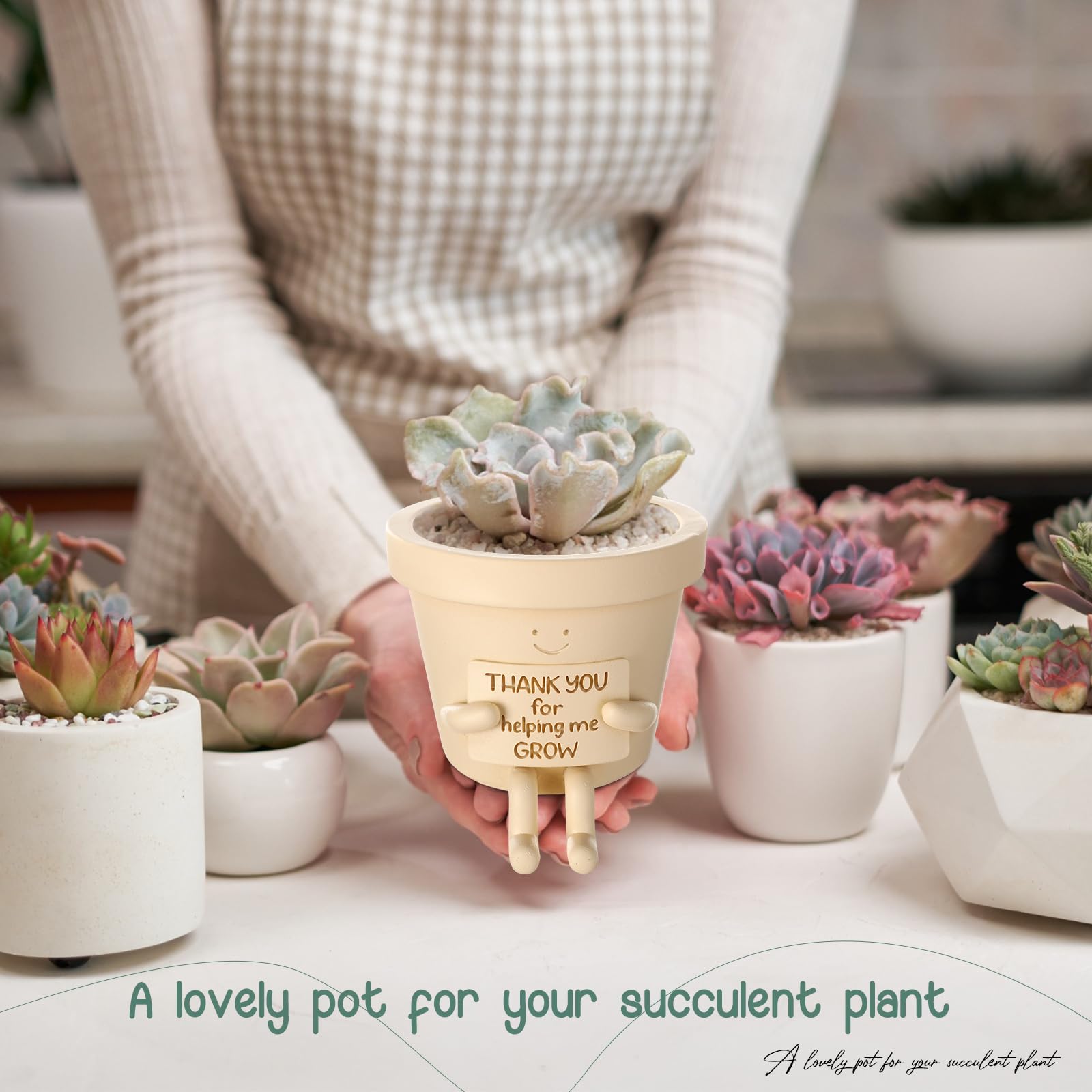 Briwooody Maceta sentada con texto en inglés "Thank You for Help me", macetas divertidas de 3.9 pulgadas con drenaje, bonita maceta para interiores y exteriores, decoración del hogar, regalo divertido