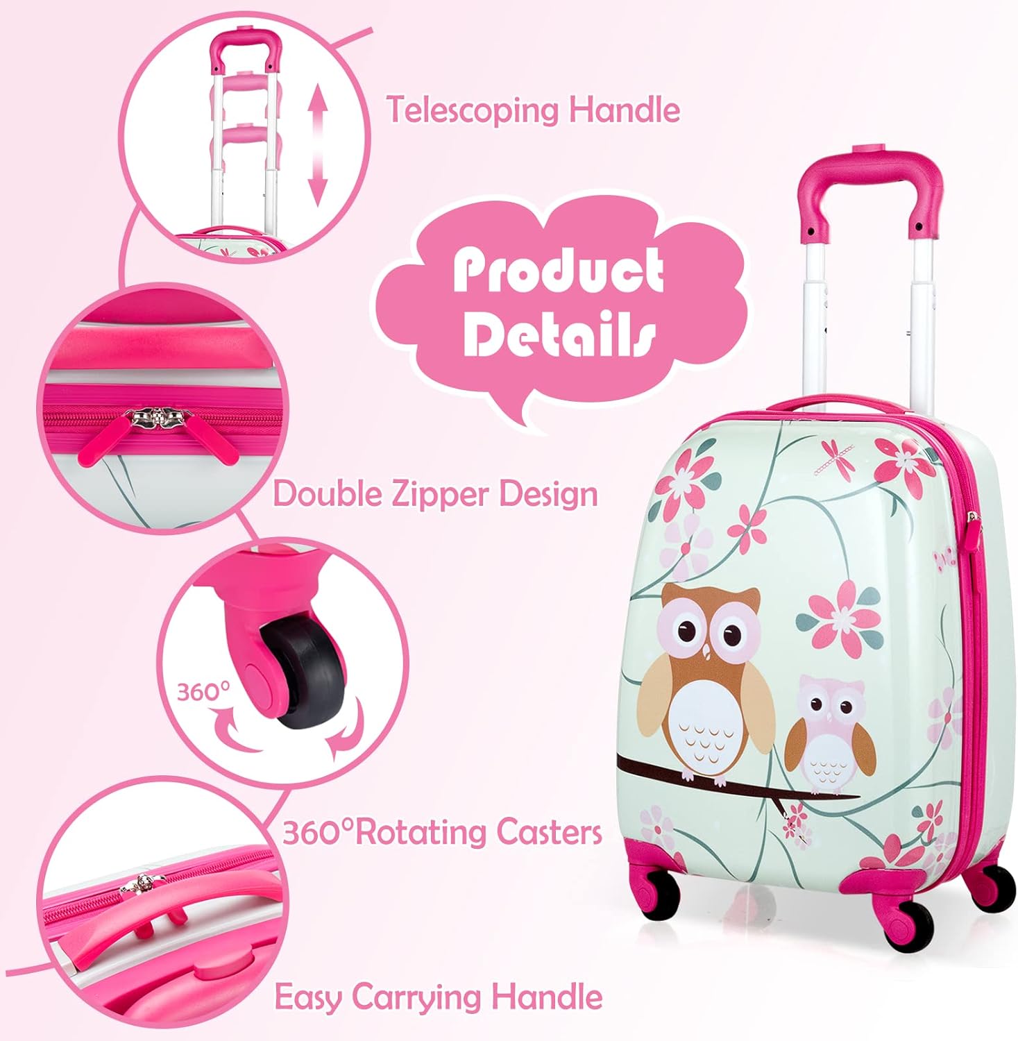 BABY JOY 2 PC Kids Luggage, 16" Toddlers Carry-on Suitcase & 12” Backpack Set, Children Travelling Case w/ 4 Casters & Retractable Handle, Lightweight Trolley Case for Boys & Girls (Owl)