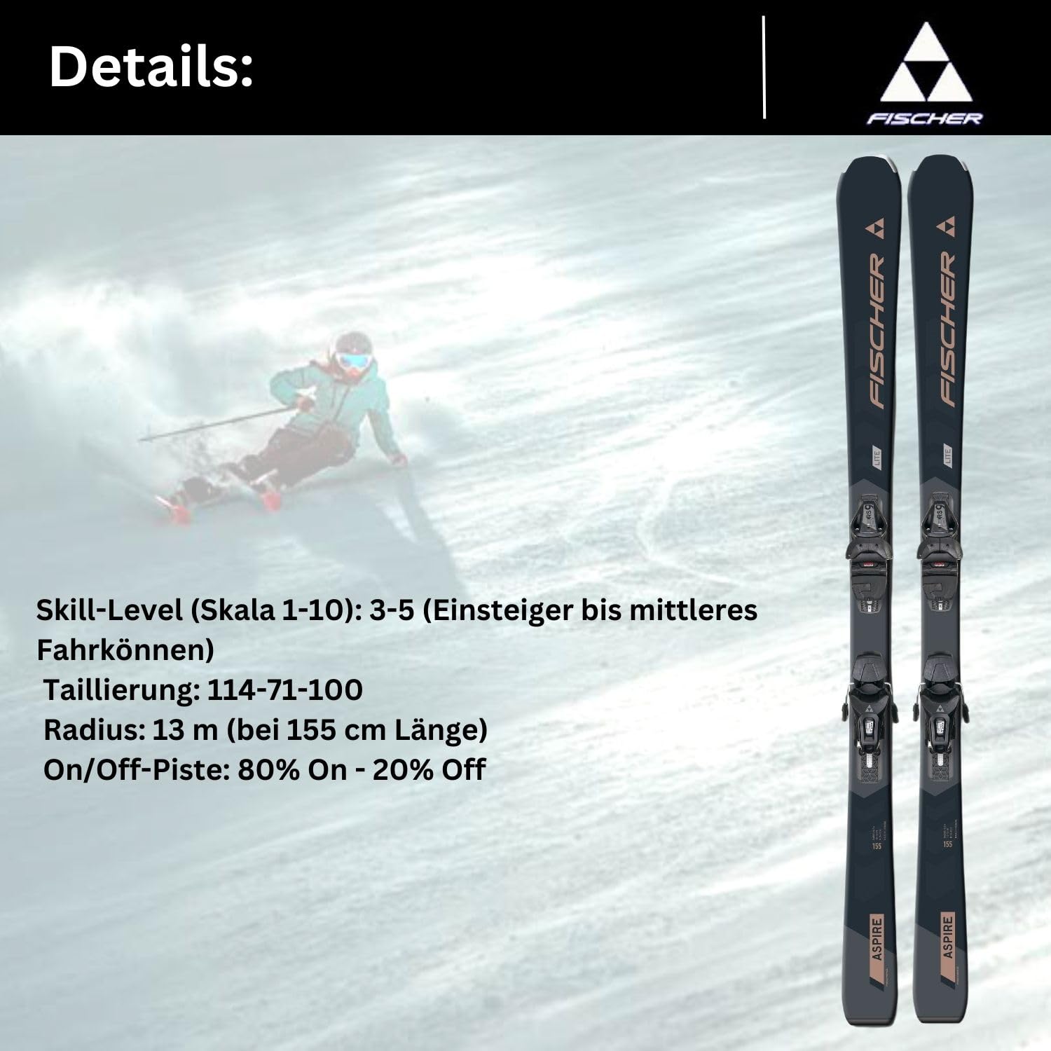 Fischer Aspire SLR Damen Carving Alpinski On-Piste-Rocker mit Bindung RS9 SLR Z3-9 Modell 2024 Offroad Ski für Anfänger bis Fortgeschrittene