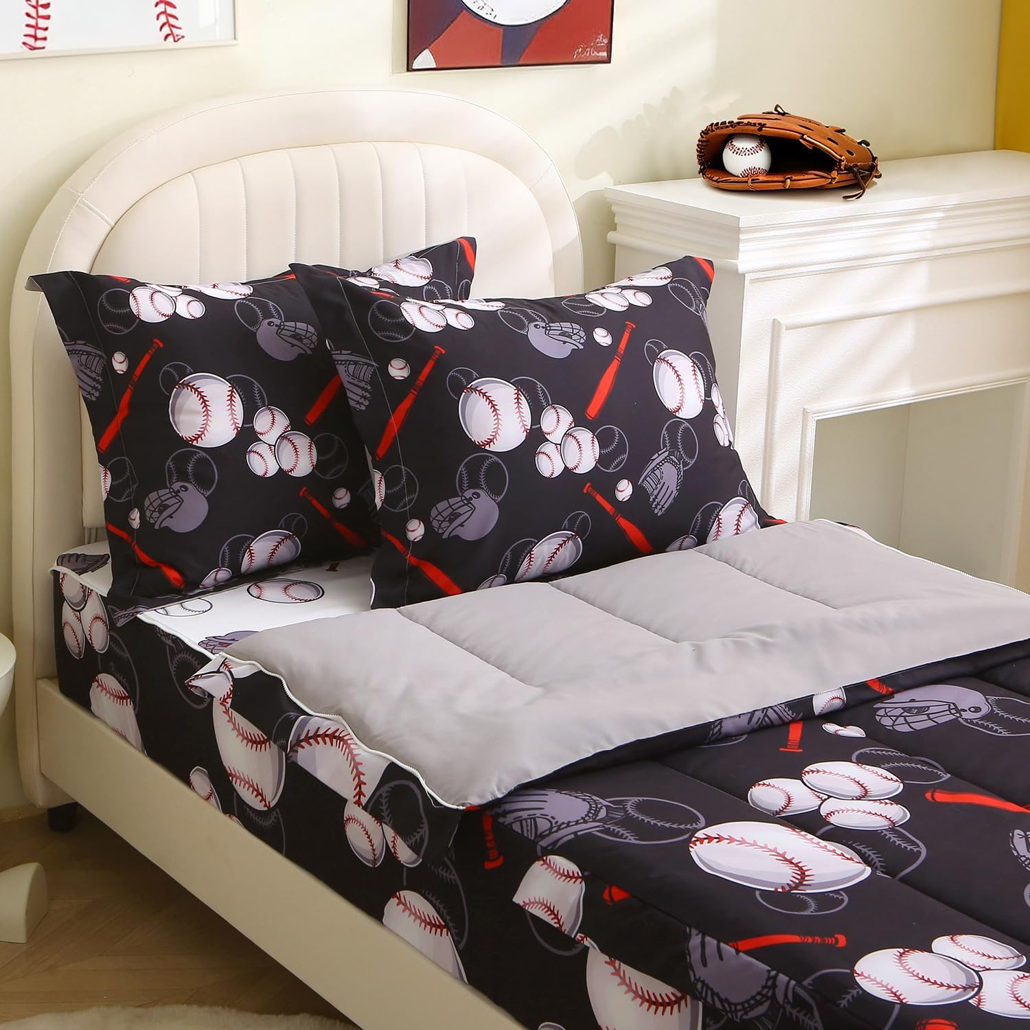 Boys Baseball Bedding Comforter Sets Zipper Bedding Set for Kids Black Sports Bed Set for Children Bedroom Decor