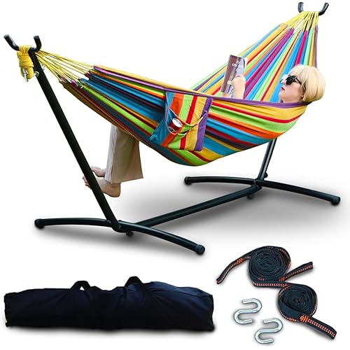 Cosy Nation Double Hammock with Stand Included, 2 Person Heavy Duty 450lb Capacity Standing Hammocks, with Portable Carrying Bag and Tree Straps, Outside Garden Yard Indoor Outdoor (Rainbow)
