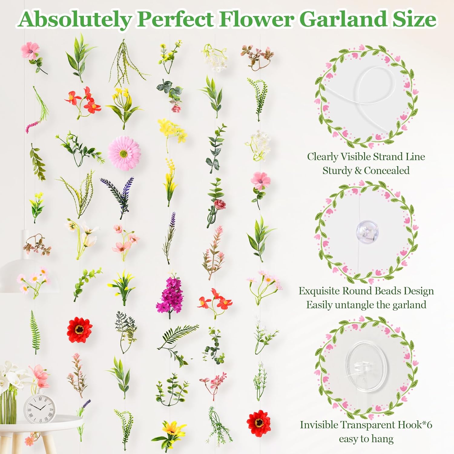 Livole 6Pcs 6Ft Hanging Flower Garland with Bow Wildflower Garlands Backdrop Silk Rose Fake Floral Vines with Hooks for Spring Party Wedding Birthday Anniversary Arch Wall Garden Decor