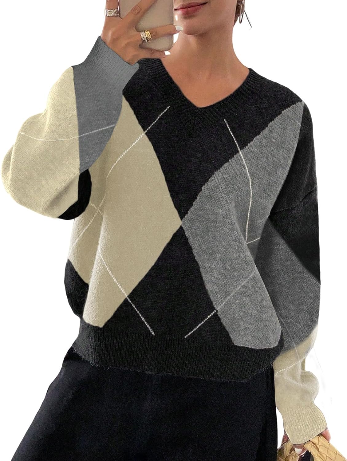 Wyeysyt Argyle Sweater Women Casual Plaid V Neck Drop Shoulder Pullover Sweaters Color Block Chunky Knit Top