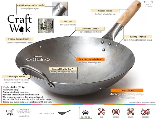 Miniatura 3 de Craft Wok Wok de 14 pulgadas con tapa de madera, wok tradicional martillado a mano de acero al carbono con tapa, fondo redondo con asas de madera,