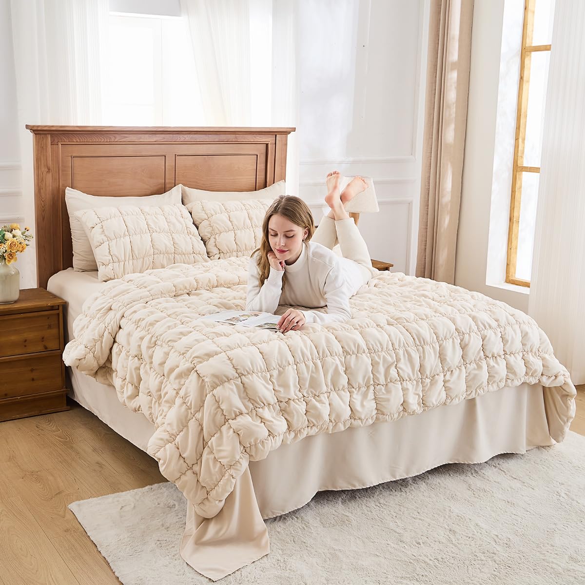 Snapklik.com : Jameswish Beige Comforter Set Full Size Bed In A Bag 7 ...