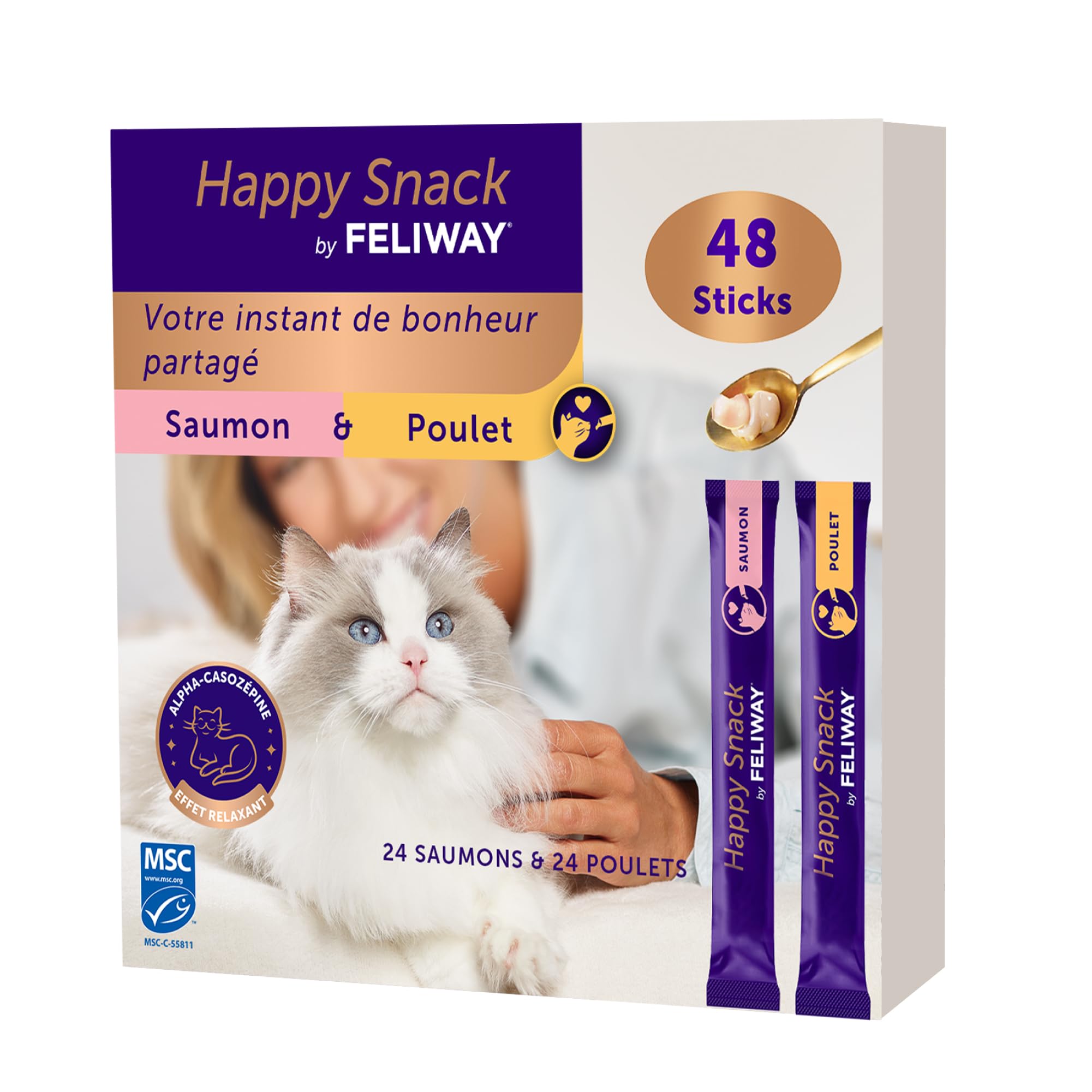 Happy Snack by FELIWAY - Friandises Délicieuses et Apaisantes pour Chats- Boite de 48 Sticks Goûts Poulet et Saumon - Aide Les Chats à se Sentir Plus Calmes et Développe Les Liens Affectifs